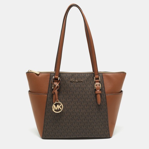 Borsa Michael Kors marrone abbronzatura firma rivestita tela grande Charlotte Top Zip