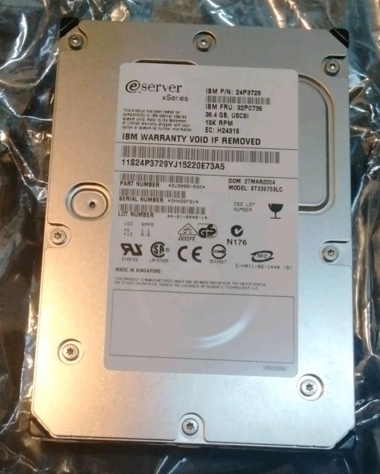 IBM 36.4GB Internal 15K RPM 3.5" (32P0737) HDD USCSI eserver xSeries - Image 1 of 3