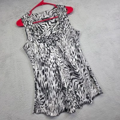 Y2K Spense Top Womens L Black White Satin Ruffle Animal Print Flowy Statement - Image 1 of 4