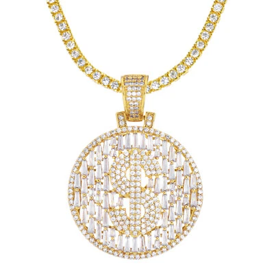 Letrero de dólar de circonita cúbica helada colgante redondo cadena de tenis de 20 pulgadas hip hop BCT17104 para hombre Foto 1 de 4