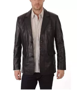 Leather Blazer Mens Coat Men Vintage Soft Lambskin Fit Slim Two Button Black 10 - Picture 1 of 5