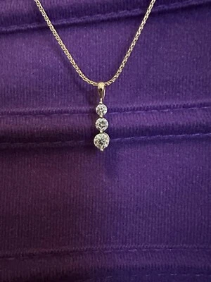 Diamond Pendant 3 Stone 1 CT TW 14K Yellow Gold Prong Round Brilliant New - Image 1 of 4