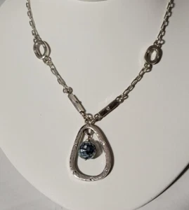 Brighton Silver Hammered Open Teardrop Crystal Blue Ball Pendant Necklace, NWOT - Picture 1 of 8