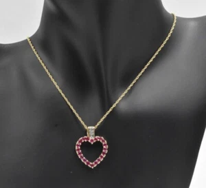 14k Yellow Gold Natural Ruby & Diamond Open Heart Cable Chain Necklace 20" - Picture 1 of 11