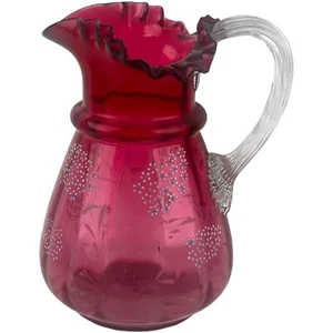 Victorian Art Glass Bohemian Cranberry Jug Pitcher Enamel Floral Decoration 9" - Picture 1 of 10