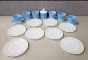 Vintage Blue Mosaic Fire King Cups, Sugar, Creamer And Milk Glass Plates - Picture 1 of 6