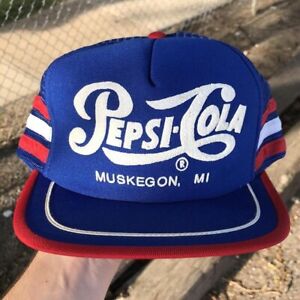Vintage 70s Pepsi Cola 3 Stripes Muskegon Michigan Trucker Snapback Hat