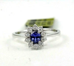 Natural Oval Blue Sapphire & Diamond Halo Solitaire Ring 14k White Gold 0.54Ct - Picture 1 of 5