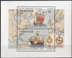 Islas Feroe 1992 Yvert S/S 5 Europa CEPT Colón Barcos Mapas Estampillada sin montar o nunca montada en muy buen estado - Imagen 1 de 1