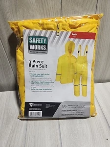 Safety Works Rain Suit Professional 3 Piece Yellow Jacket Bib and Hood Large - Picture 1 of 1