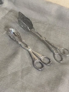 Tongs for Salad Fruit or Cake Pair Silver Plate one is Gorham see pics - Picture 1 of 21
