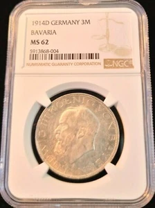 1914 GERMANY SILVER 3 MARK BAVARIA LUDWIG III NGC MS 62 VERY SCARCE HIGH GRADE - Picture 1 of 5