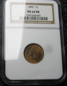 1893 Indian Cent Penny ---- NGC MS-64 RB Graded Coin ---- #039C - Picture 1 of 6
