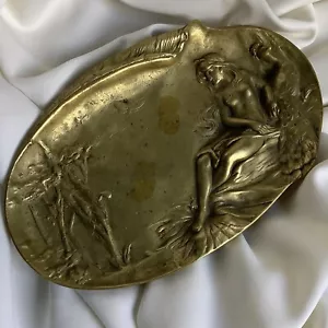 Antique Bronze Art Nouveau Nude Lady Peacock Lake French Jewelry Card Tray Heavy - Picture 1 of 11