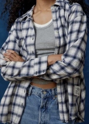 Urban Outfitters BDG Brixton M Button Down Flannel Shirt Blue Plaid Fringed Hem - Image 1 of 4