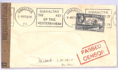 GIBRALTAR WW2 Cover Red *PASSED CENSOR* 1941 KEY Slogan MADRID Spanish Tape XH73 - Image 1 of 4