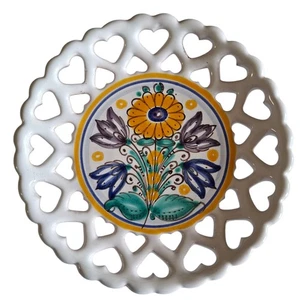 Vintage Handarbeit in der Tschechoslowakei Keramik Deko Netz Blumen Teller - Bild 1 von 4