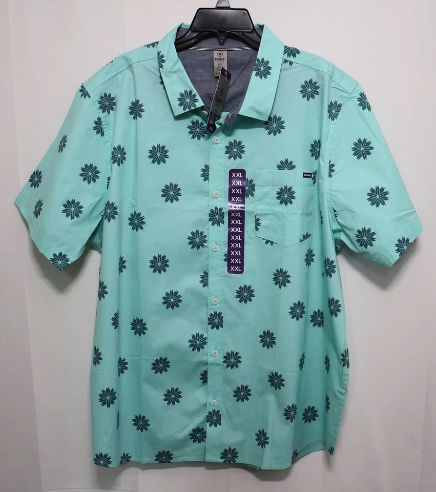 Hurley Men's Patio Button Down Short Sleeve Shirt Turquoise XXL (HMS25-15659)