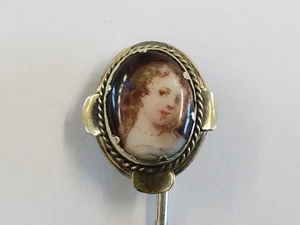 Antique Rolled Gold & Porcelain Portrait Stick Pin Circa 1870 2.2g - Picture 1 of 4