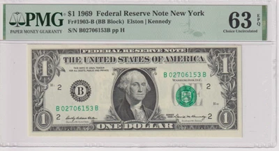 Fr 1903-B 1969 $1 FRN B02706153B PMG 63EPQ NEW YORK GREEN SEAL - Image 1 of 2