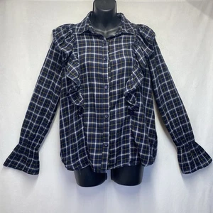 Camisa Abotonada ABOUND Campana A Cuadros Manga Larga Volantes Cuello Mujeres Pequeña Azul Marino - Imagen 1 de 14