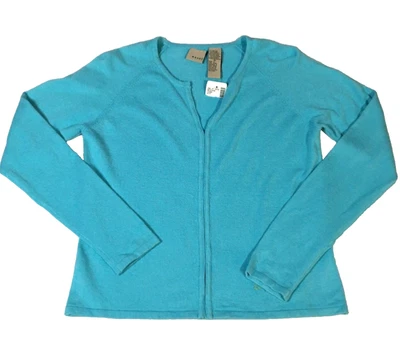 Suéter feminino cavalete vintage tamanho M azul com miçangas gancho e fechamento para os olhos gola V manga grande novo com etiquetas - Imagem 1 de 4