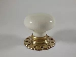 Vintage White Porcelain / Ceramic Vintage Round Door Knob Brass Plate  #2632 - Picture 1 of 5