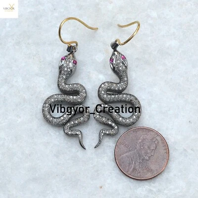 Pave Diamond Snake Earrings 925 Sterling Silver Dangle Earrings Halloween Gifts - Image 1 of 3