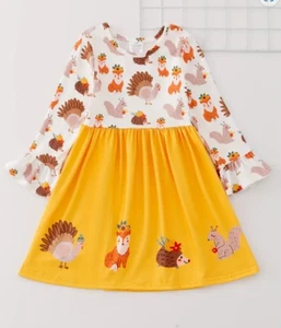 NEW Boutique Thanksgiving Turkey Fox Hedgehog Squirrel Girls Long Sleeve Dress - Picture 1 of 5