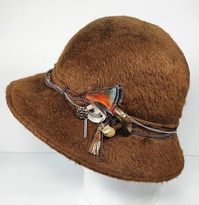 Sombrero Barbara Feinman Millinery Vintage Para Mujer Marrón Lana y Piel Estilo Cloche  Foto 1 de 4