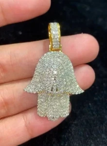 Men's 1.60Ct Round Cut Moissanite Hamsa Hand Pendant Yellow Gold Plated Silver - Picture 1 of 5