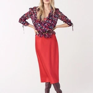 DVF Diane von Furstenberg Mae Poinsettia satin midi skirt a-line new XXS 0 00 - Picture 1 of 5