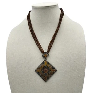 Multi Strand Beaded Necklace Large Pendant Light Amber Lobster Clasp Brown - Bild 1 von 8