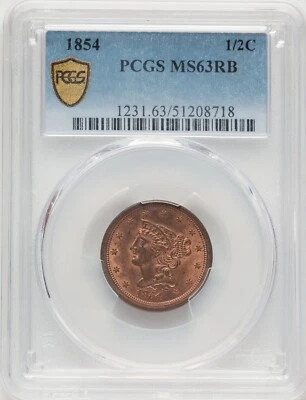 1854 Half Cent PCGS MS 63 RB Gem - Image 1 of 2
