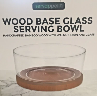 NIB Wood Base Glass Serving Bowl - Servappetit - Bamboo Wood Walnut Stain NEW - Image 1 of 2