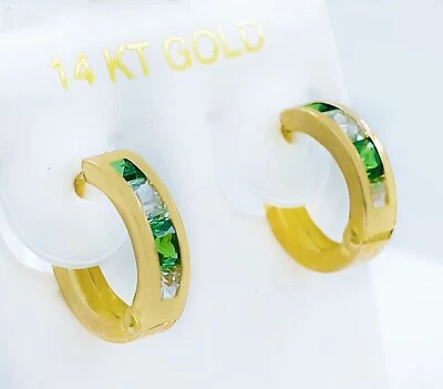 LAB CREATED EMERALD & WHITE SAPPHIRE HUGGIE EARRINGS 14K SOLID GOLD -Made in USA - Image 1 of 4
