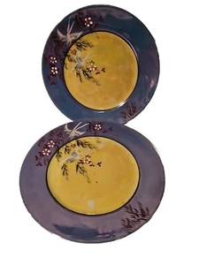 2 Salad Dessert Saucer Plates - Made in JAPAN ~ Abstract Blue Bird White Flowers - Picture 1 of 13