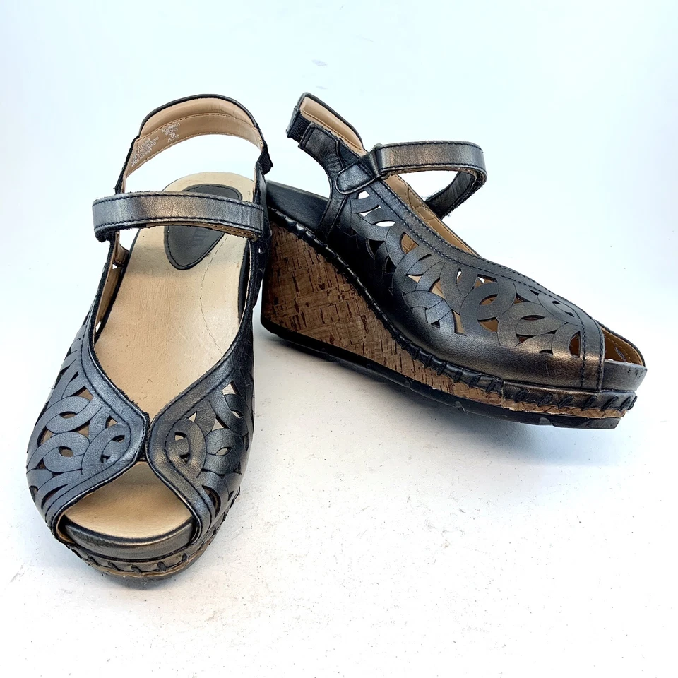 Earth Shoes Bronze Aquarius Peep Toe Slingback Wedge Sandals size 6.5 7 $120 - Image 1 of 4