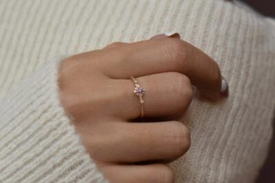 14k Purple Tourmaline Diamond Ring, Rose Gold Gemstone Ring, Minimalist Tourmali - Image 1 of 4