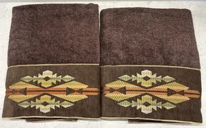 2 Western Ranch Southwest Aztec Print Embroidered Brown Bath Towels - Picture 1 of 8