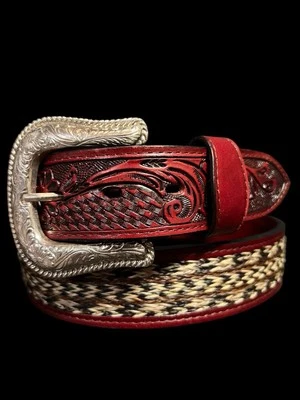 Cinturón Western de cuero mecanizado a mano para hombre crin de caballo cinturones americanos hechos a mano Foto 1 de 2