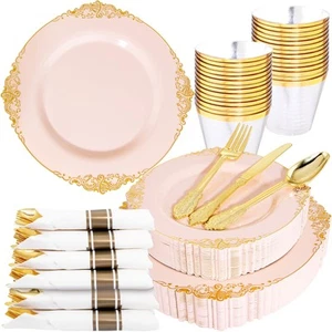 175PCS Pink Plastic Plates - Disposable Pink Gold Party Plates & Pre Rolled N... - Picture 1 of 9