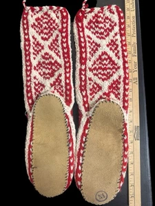 Artisan Wool Rayon Red Cream Knit Leather Soles Sock Slipper Women M India - Picture 1 of 5