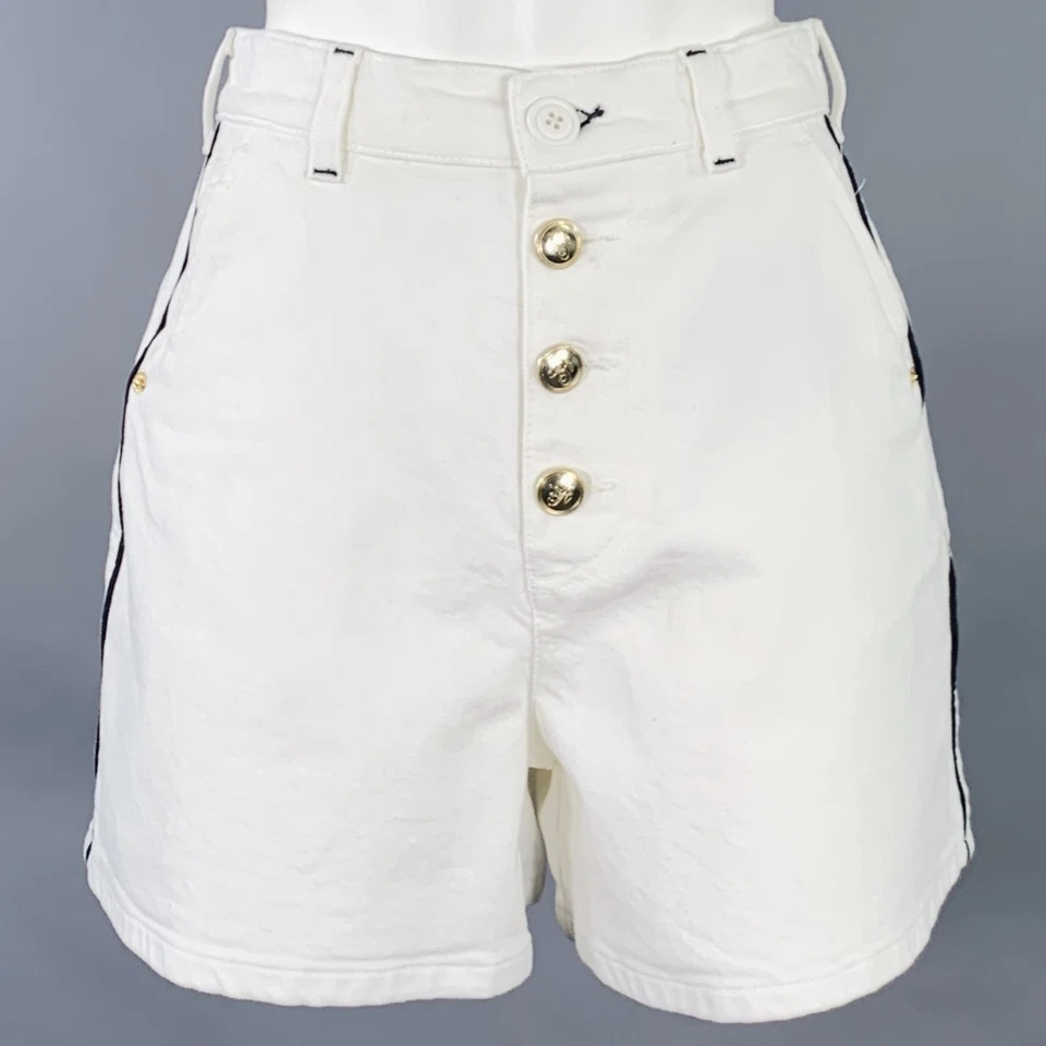 EMPORIO ARMANI Size 27 White Black Cotton Blend Twill Button Fly Shorts - Image 1 of 4