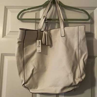Old Navy Cream Black Faux Leather Zipper  Tote Bag NWT 13”x14” - Image 1 of 4