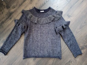 J. Crew Crewcuts Girls Sz 14 Navy Blue Gold Thread Ruffled Sweater Top EUC - Picture 1 of 7