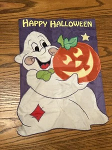 Vintage Halloween Ghost Jack O Lantern Nylon Yard Flag 2002 18x13 - Picture 1 of 8