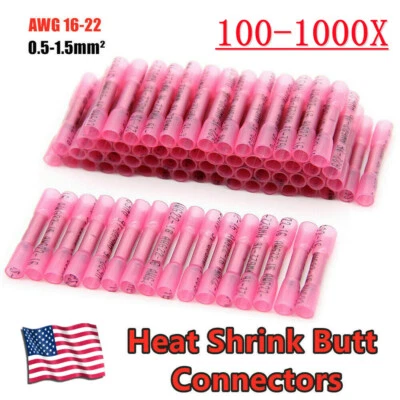 100-1000X Heat Shrink Waterproof Wire Connectors Red 22-16GA Butt Seal Terminals - Image 1 of 4