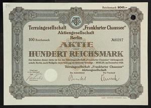 DEUTSCHLAND 891/B&G -Terraingesellschaft "Frankfurter Chaussee" Aktien 1928, 100 RM, - Bild 1 von 1