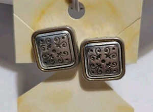 Brighton Silver Scrolled Square Earrings, Clip-on, EUC, w/Brighton Heart Tin - Picture 1 of 4